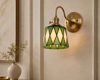 Green Tiffany Copper Wall Light – Handmade Vintage Stained Glass Bedroom Sconce, Wall Lighting