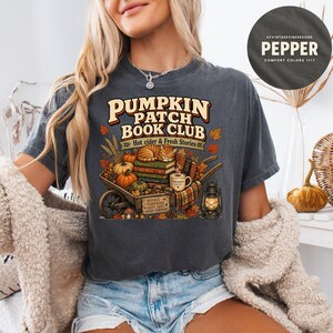Pumpkin Patch Book Club Shirt, Cozy Fall Reading Tee with Cat and Books, Autumn Bookish Gift for Book Lovers, Librarian, Teacher