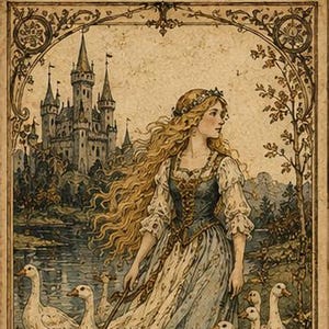 May include: A vintage-style illustration titled The Goose Girl from Grimm's Fairy Tales, depicting a long-haired figure in a blue and white dress standing by a lake with a castle in the background, surrounded by several white geese in a field.