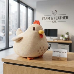 May include: A round, beige chicken plush toy with a bright orange comb, a yellow beak, and a red wattle. The plush features dark brown square eyes and a pattern of small brown squares on its side. It sits on small orange feet on a wooden desk.