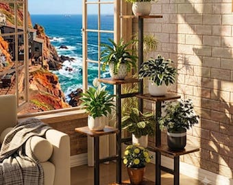 6 Tier Rustic Wooden Corner Shelf Stand | Multi-Layer Plant Display Rack