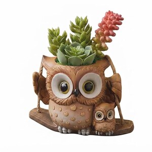 Mother & Baby Owl Resin Planter | Hanging Swing Pot for Succulents