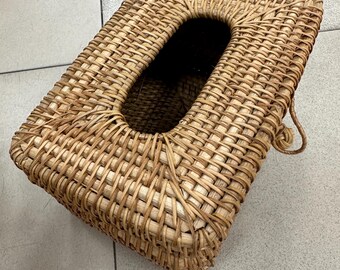 Funda para caja de pañuelos de ratán tejida a mano, soporte para pañuelos de mimbre natural, caja de pañuelos rectangular, decoración de baño estilo rústico, organizador para el hogar estilo bohemio