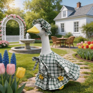 23 inch plaid flower goose outfit, spring summer porch goose clothes, farmhouse lawn goose costume, garden decor outfit, cute seasonal set
