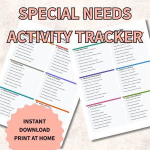 Puede incluir: Dos hojas blancas con una lista de verificación impresa "Special Needs Activity Tracker". La lista de verificación incluye categorías como "Creatividad y juego", "Visión y percepción" y "Comunicación sensorial". El texto "Descarga instantánea Imprime en casa" está impreso en un círculo rosa.