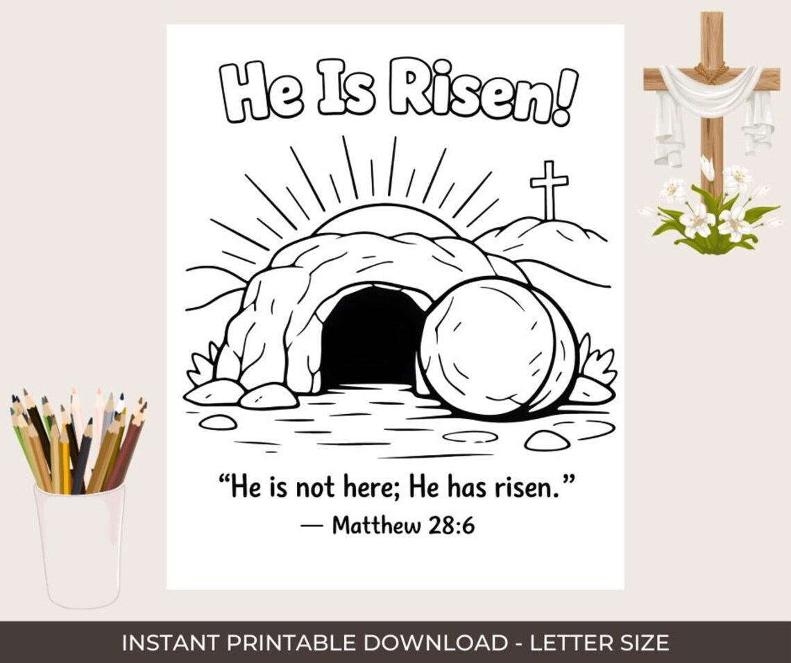 He is Risen Easter Coloring Page | Bible Verse Printable (digital ...