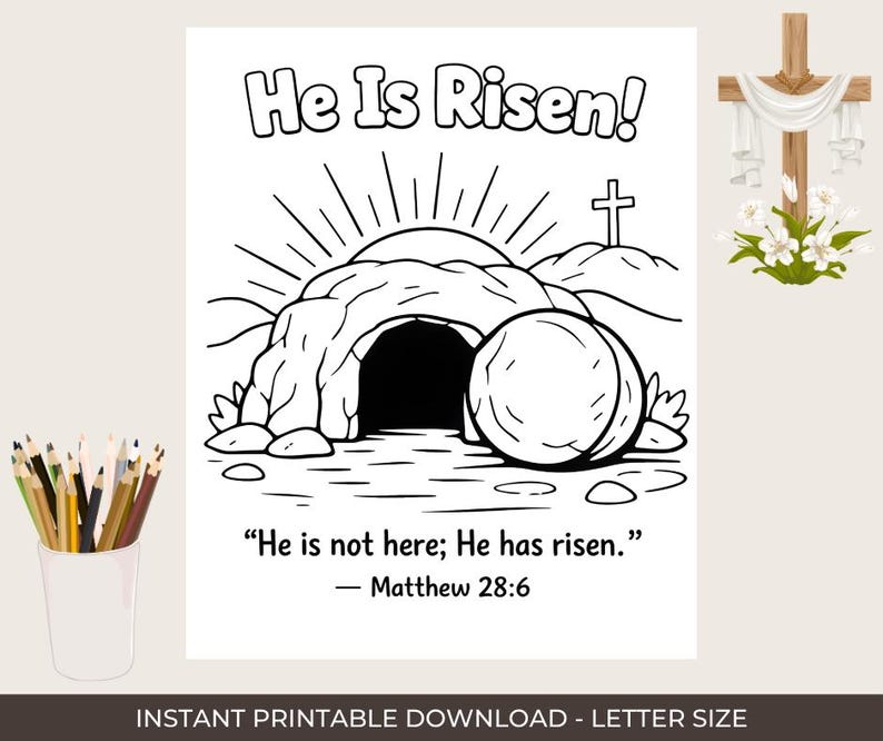 He is Risen Easter Coloring Page | Bible Verse Printable (digital ...