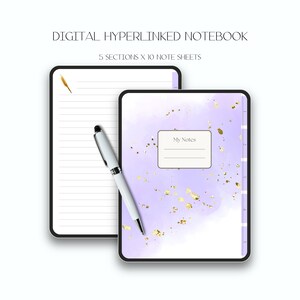 Puede incluir: Cuaderno digital hipervinculado con un diseño de acuarela lavanda y detalles dorados. El cuaderno tiene 5 secciones y 10 hojas de notas. Un bolígrafo blanco descansa sobre el cuaderno. El texto "My Notes" es visible en la portada.