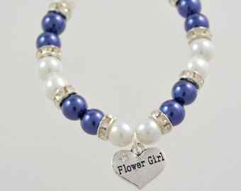 Rhinestone Flower Girl Bracelet, Pearl Heart Charm, Wedding Jewelry