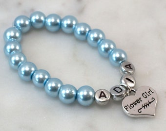 Brisk Blue Flower Girl Bracelet | Name Bracelet | Personalized | Custom | Stretchy | Pearl Bracelet | Wedding Jewelry