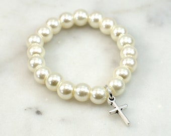 Ivory Pearl Baptism Bracelet, Tiny Cross Charm, Christening Gift