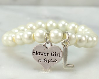 Pearl Flower Girl Bracelet | Initial Charm, Wedding Jewelry