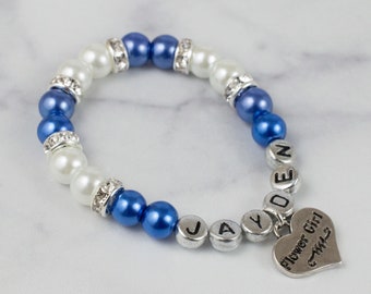 Personalized Royal Blue & White Pearl Flower Girl Bracelet, Custom Wedding Jewelry, Flower Girl Gift, Rhinestone Bracelet, Stretch Bracelet