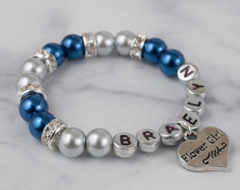 Sapphire Blue and Gray Personalized Flower Girl Bracelet, Flower Girl Gift, Name Bracelet, Wedding Jewelry, Pearl Bracelet, Wedding Bracelet