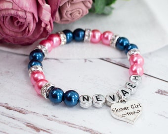 Flower Girl Gift Personalized Pearl Rhinestone Bracelet | Custom Name Flower Girl Charm Bracelet | Coral Pink + Navy Blue