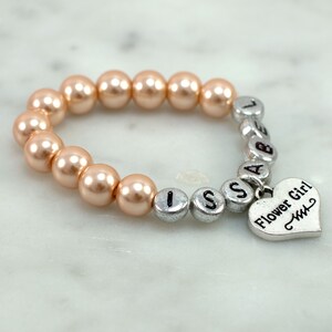 Wedding Jewelry Flower Girl Name Bracelet | Champagne Pearl Bracelet | Flower Girl Gift | Personalized Custom Bracelet | Children&#39;s Jewelry