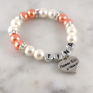 Coral Orange and Ivory Flower Girl Bracelet | Rhinestone Spacers | Custom Wedding Jewelry | Flower Girl Jewelry | Pearl Bracelet | Elegant