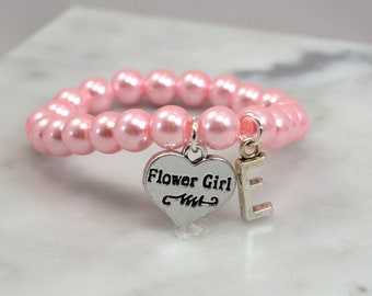 Personalized Flower Girl Pearl Bracelet, Initial Charm, Wedding Gift