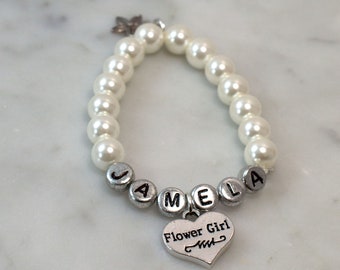 Personalized Flower Girl Pearl Bracelet | Flower Charm Jewelry