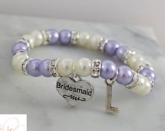 Bridesmaid Initial Bracelet with Rhinestone Spacers, Bridesmaid Bracelet, Bridesmaid Gift, Pearl Bracelet, Stretch, Initial, Letter Charm