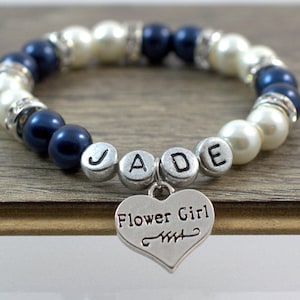 Personalized Flower Girl Bracelet, Flower Girl Gift, Navy Blue, Name Bracelet, Wedding Jewelry, Pearl Bracelet, Wedding Bracelet, Custom