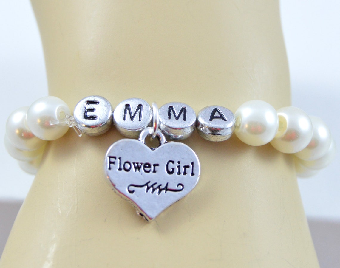 Flower Girl Name Bracelet Wedding Jewelry Wedding Pearl Etsy