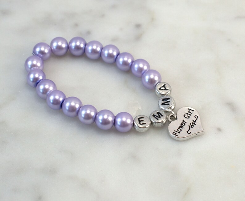 Purple flower girl dresses and jewelry - lavender personalized flower girl bracelet