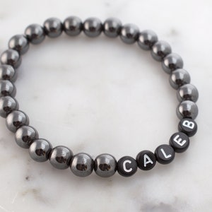 Personalized Gray Beaded Men&#39;s Hematite Stretch Bracelet, Gift for Dad with Children&#39;s Names, Men&#39;s Stretch Beaded Gemstone Bracelet