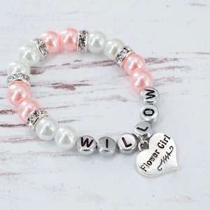 Blush and White Flower Girl Rhinestone Pearl Stretch Bracelet, Children&#39;s Wedding Jewelry, Wedding Bracelets | Proposal Flower Girl Gift