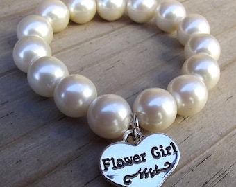 Flower Girl Pearl Bracelet, Stretchy Wedding Jewelry, Gift Box