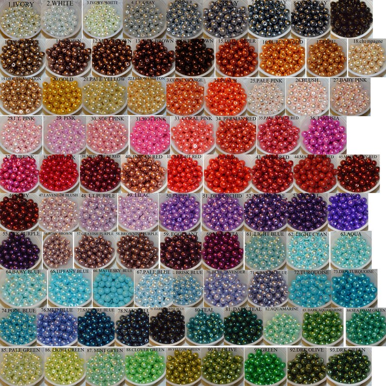 May include: A chart of 96 different colors of round plastic beads. Each color is labeled with a number and a name. The beads are arranged in a grid pattern.