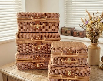 Vintage Wicker Suitcase, Handwoven Rattan Style Storage Box, Decorative Picnic Basket
