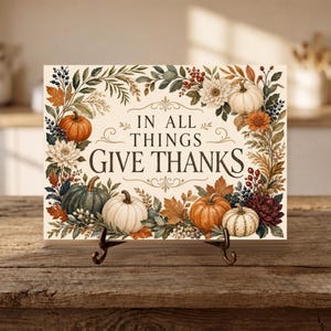 May include: A rectangular sign on a black metal stand featuring the text IN ALL THINGS GIVE THANKS in dark brown lettering. The sign is decorated with a border of autumn-themed illustrations including orange, white, and green pumpkins and flowers.