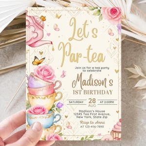 Let's Par-Tea Birthday Invitation, Girls Tea Party Invite, Floral High Tea Birthday Invitation, Pink Teacup Editable Canva Template