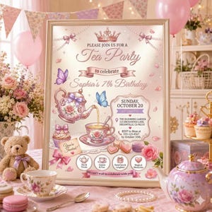 Peut inclure: Une invitation rectangulaire encadrée pour une fête de thé pour le 7e anniversaire de Sophia. Le design présente une couronne, une théière, une tasse, des papillons, des roses et des cupcakes dans des tons roses et violets avec les détails.