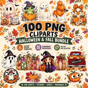 Peut inclure: Une collection numérique de 100 images clipart sur le thème d'Halloween et de l'automne avec des fantômes, des citrouilles, des sorcières et un camion rouge. Le texte indique 100 PNG CLIPARTS HALLOWEEN & FALL BUNDLE, INSTANT DIGITAL DOWNLOAD, TRANSPARENT BACKGROUND, 300 DPI HIGH RESOLUTION, Welcome Fall, et FOR CRAFTS STICKERS SHIRTS PRINTABLES.