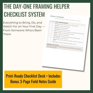 Puede incluir: Un documento digital titulado The Day-One Framing Helper Checklist System, que presenta una lista de verificación de herramientas y equipo para construcción, incluyendo una guía de notas de campo adicional de 3 páginas sobre fondo blanco con una franja amarilla.