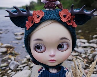 Blythe dress set of 5 deer hat outfit for doll, sizes 1:6