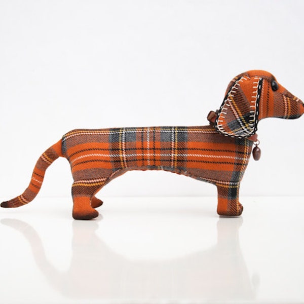 Dachshund, orange dog. Checkered. Stuffed toy. Personalized. Pet.
