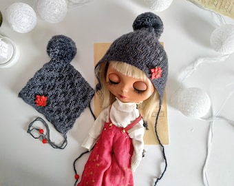 Blythe knitted gray hat Christmas poinsettia brooch, bonnet lace gnome pixie elf hat