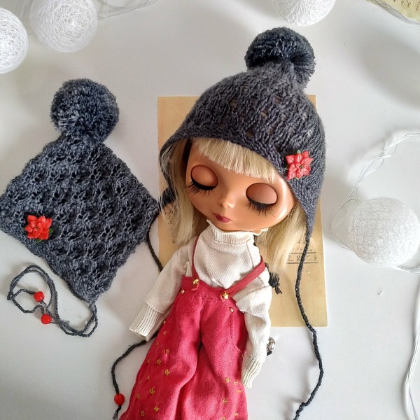 Blythe knitted gray hat Christmas poinsettia brooch, bonnet lace gnome pixie elf hat