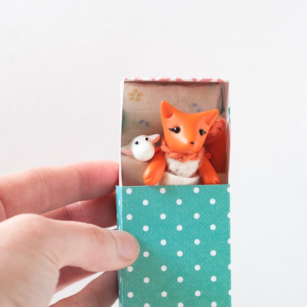 Volpe in miniatura con agnello in una scatola di fiammiferi - Tiny argilla ripiene snodato giocattolo - animale Pocket - giocattolo per bambini per voi per BJD MSD YoSD