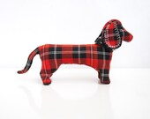 Red Dachshund Dog Checkered Plaid Punk Stuffed Doxie Toy Personalized Pet Decor Home Teen Children Black