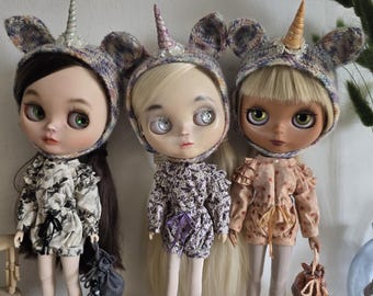 Blythe Doll Unicorn Hat, Overalls, Knitted Socks, Tights, Set (1/6 Scale)