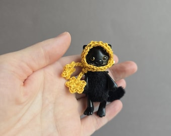 Tiny black cat toy matchbox art Pocket kitten figurines miniature poseable BJD Blythe