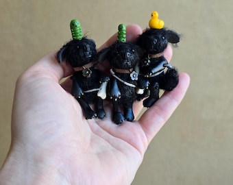 Miniature Black Dog Toy: Mohair Terrier in Matchbox Bed