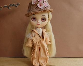 Blythe peach orange set, jacket, shirt, hat, pants clothes for doll sizes 1:6