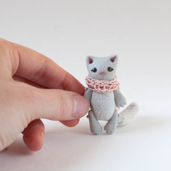 Miniature grey cat toy matchbox art tiny Christmas pocket tiny animals clay cat lover gift toy for kids, BJD YoSD MSD Blythe Kawaii