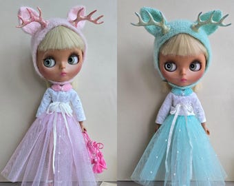 Blythe outfit deer hat tutu skirt blue pink violet