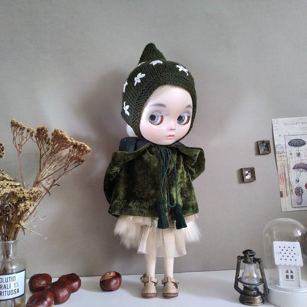 Blythe cape moss green woodland long cloak Christmas gnome pixie elf outfit knitted hat Pullip BJD clothes